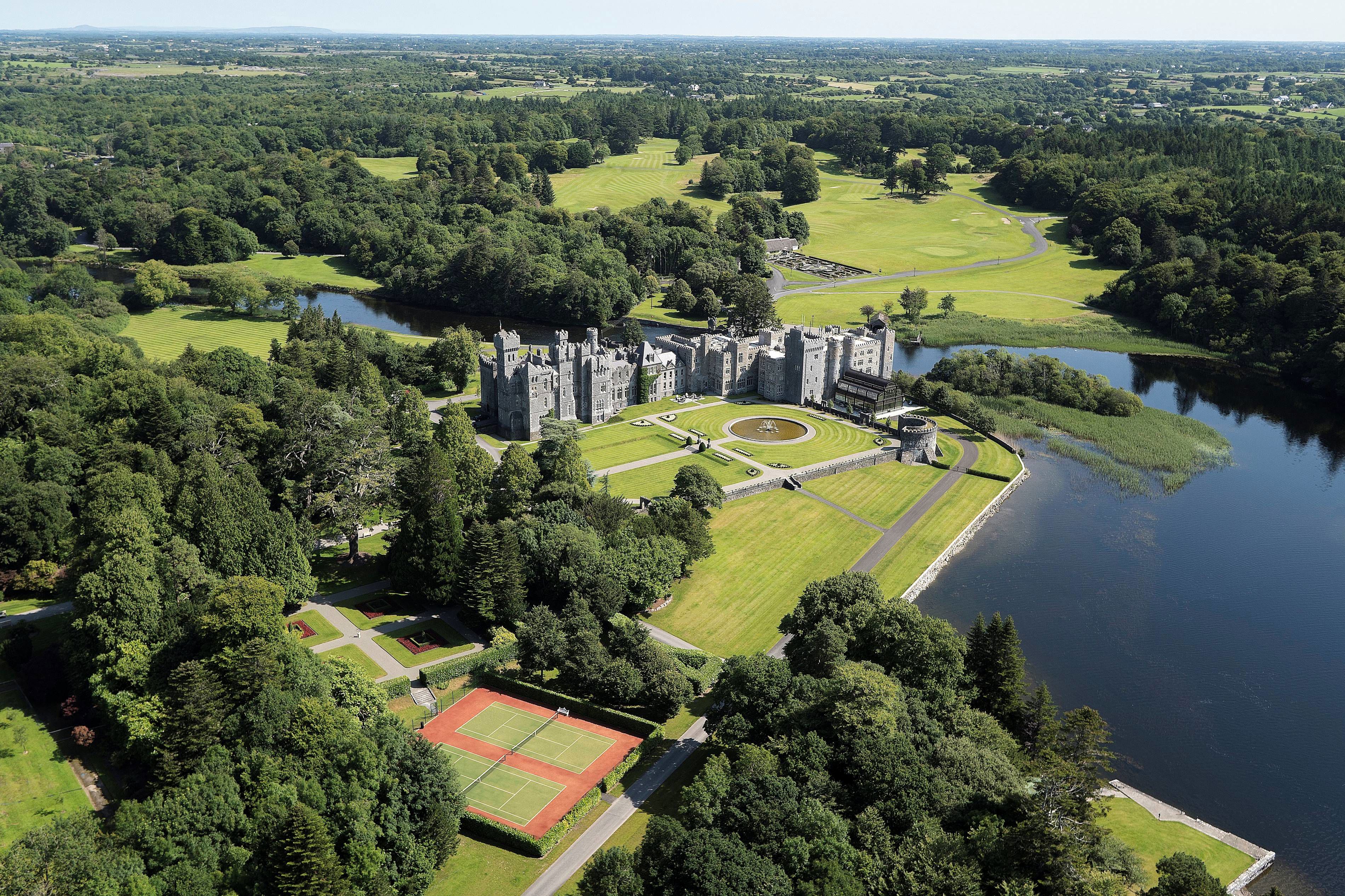 Exterior of Ashford Castle hotel located in Ireland