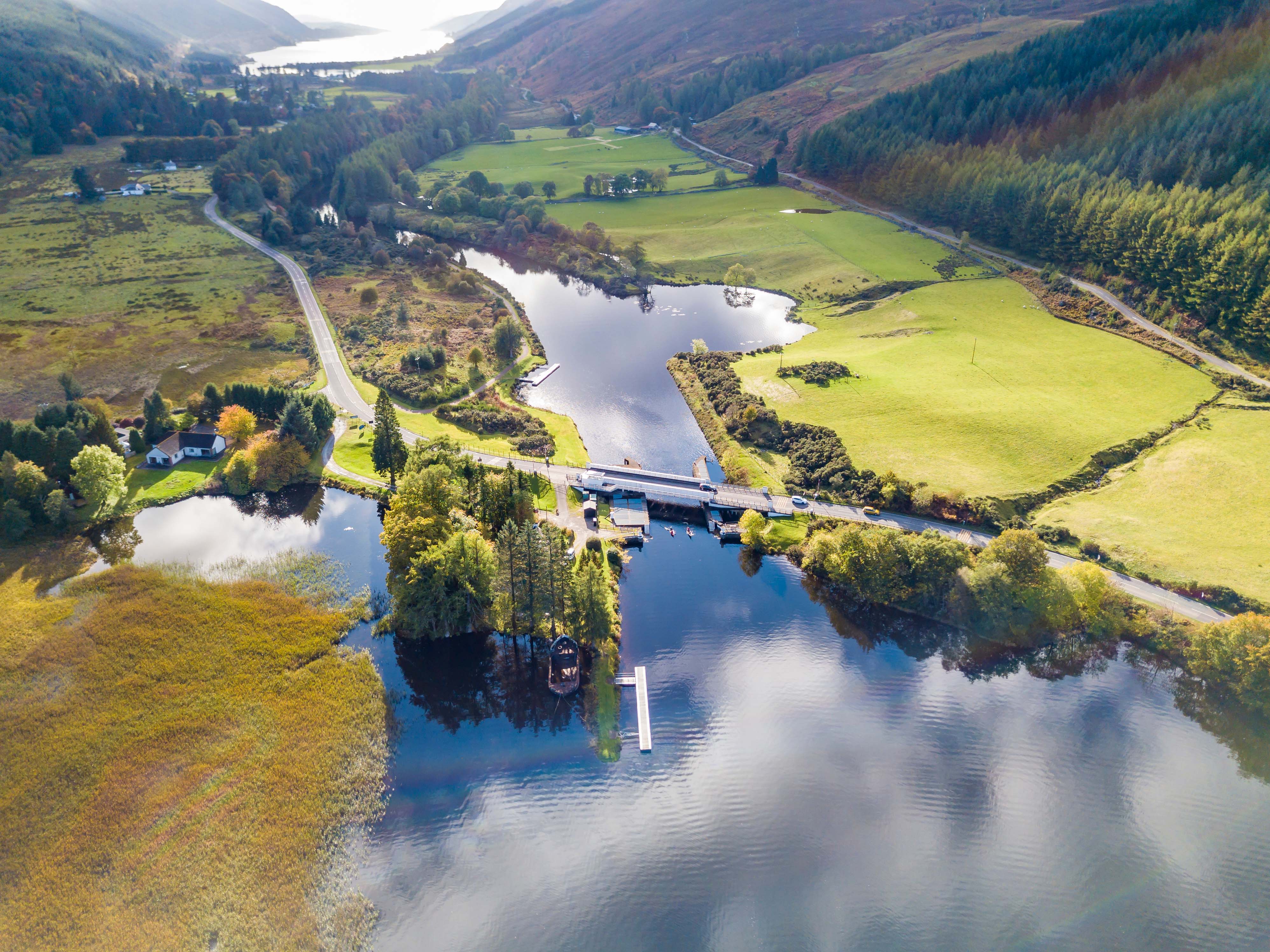 Aerial view of Laggan with swing bridge in the Great Glen above Loch Oich in the scottish highlands