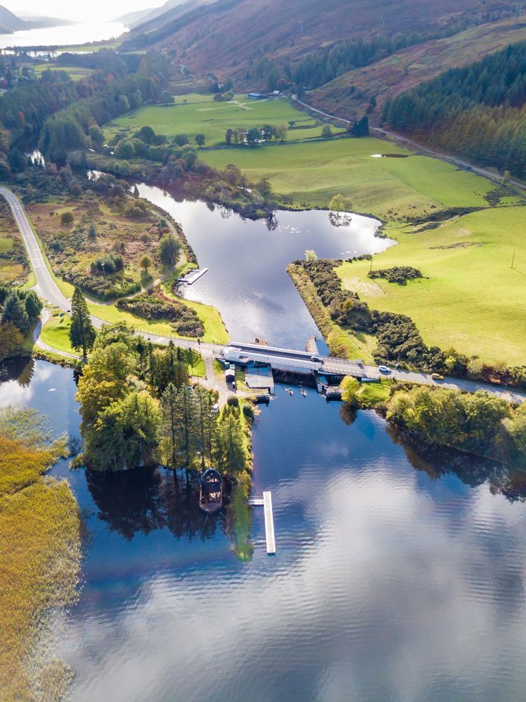 Aerial view of Laggan with swing bridge in the Great Glen above Loch Oich in the scottish highlands Aerial view of Laggan with swing bridge in the Great Glen above Loch Oich in the scottish highlands