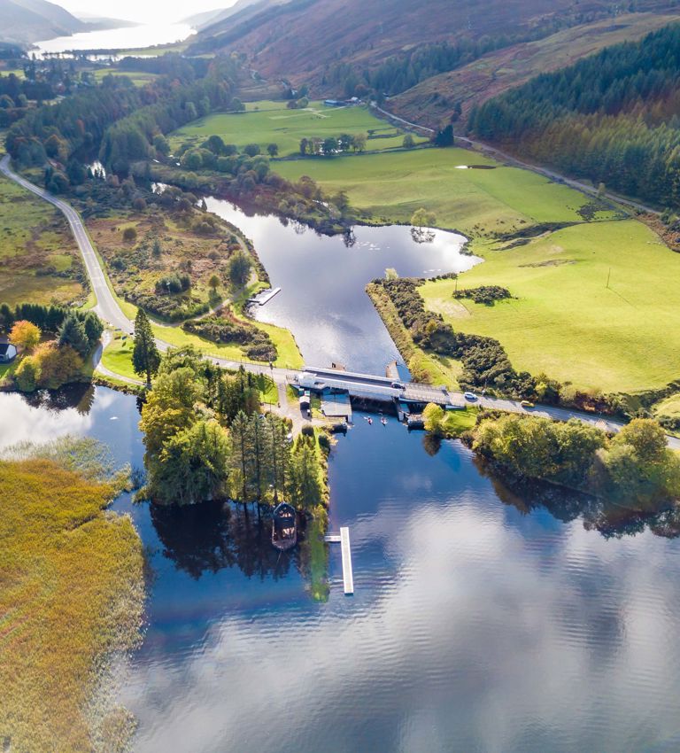 Aerial view of Laggan with swing bridge in the Great Glen above Loch Oich in the scottish highlands Aerial view of Laggan with swing bridge in the Great Glen above Loch Oich in the scottish highlands