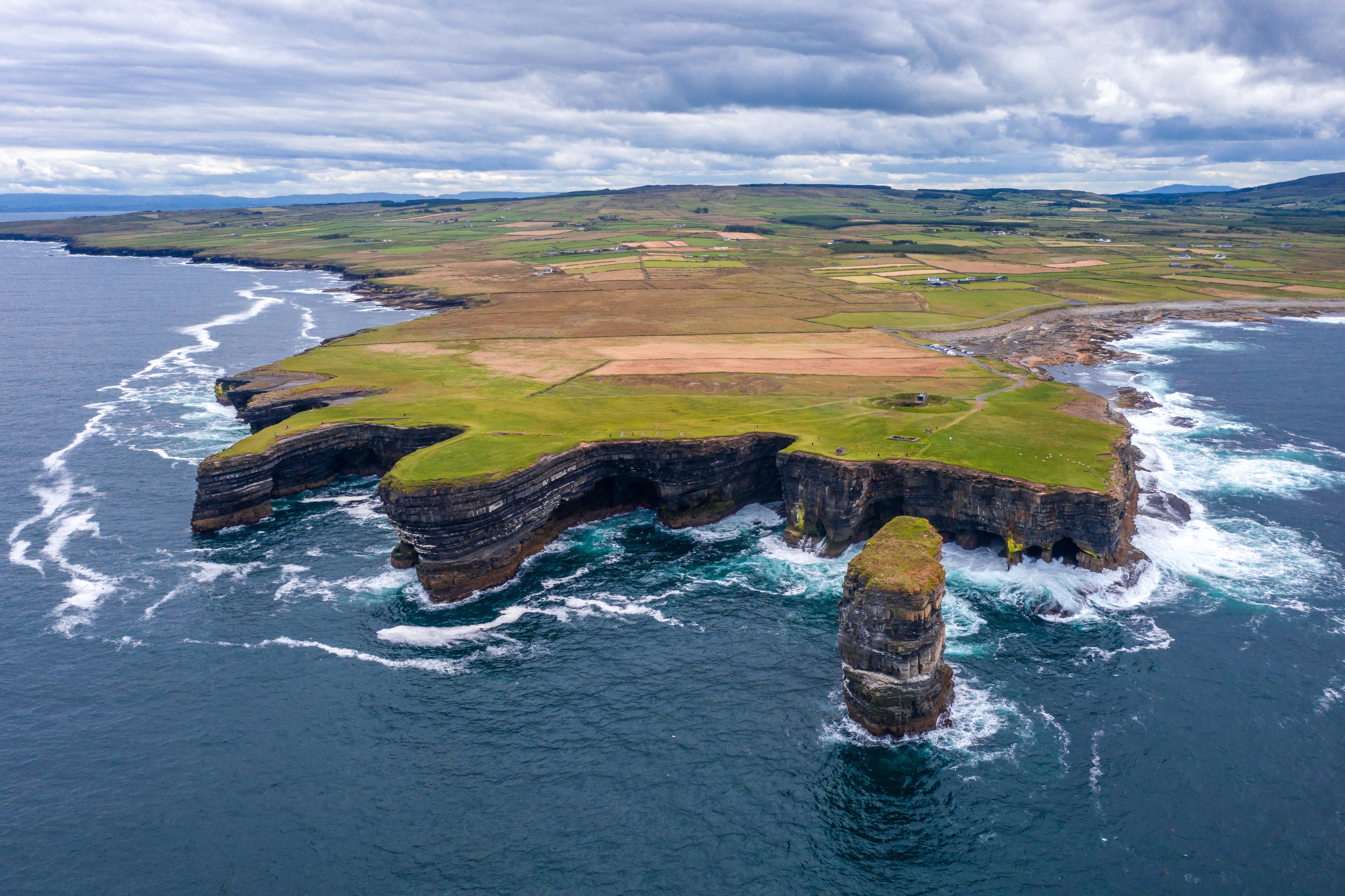 Downpatrick Head Mayo Ireland, amazing scenery aerial drone landscape image on Eire sign Irish landmark Downpatrick Head, Knockaun, Co. Mayo, Ireland