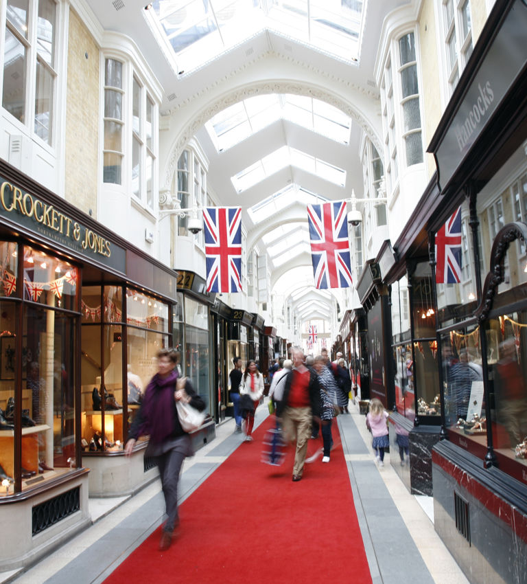 Inside view of Burlington Arcade, 19th century European shopping gallery, behind Bond Street, opened in 1819 Inside view of Burlington Arcade, 19th century European shopping gallery, behind Bond Street, opened in 1819