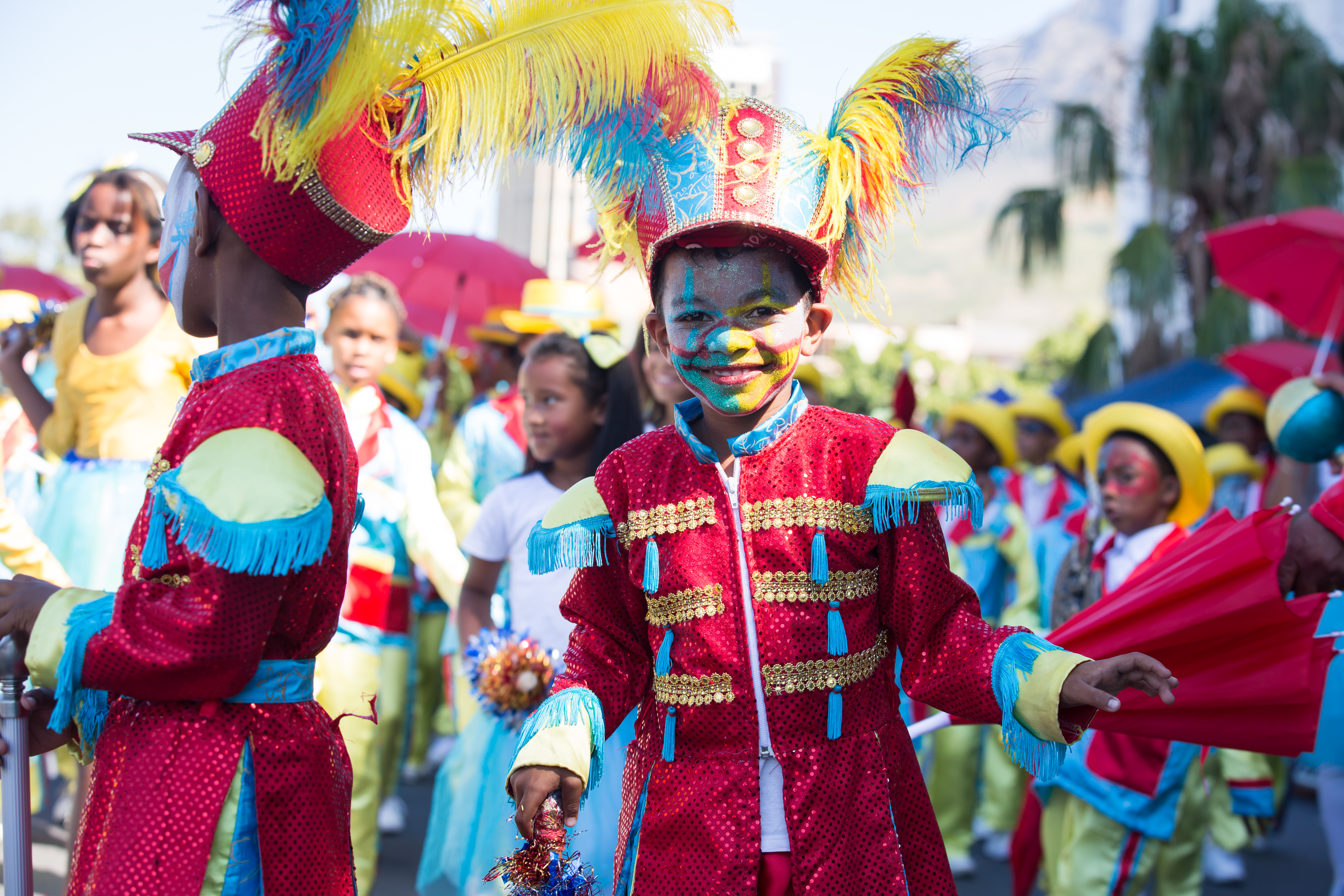 Minstrels children performing in there colorful costumes in celebration down the CBD streets of Cape Town 