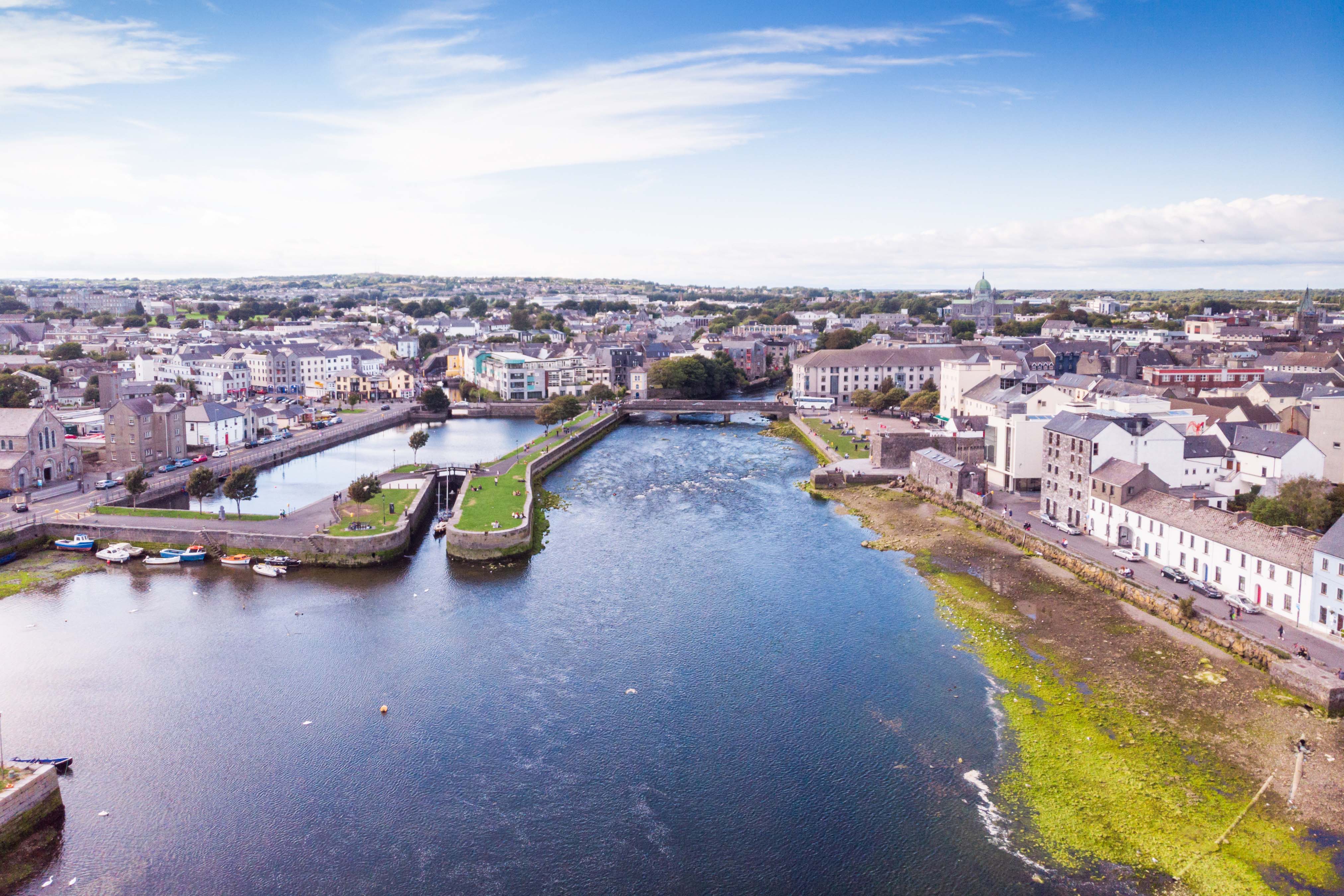 An aerial view of the River Corrib, the Claddagh Basin and the street known as The Long Walk in Galway, Ireland