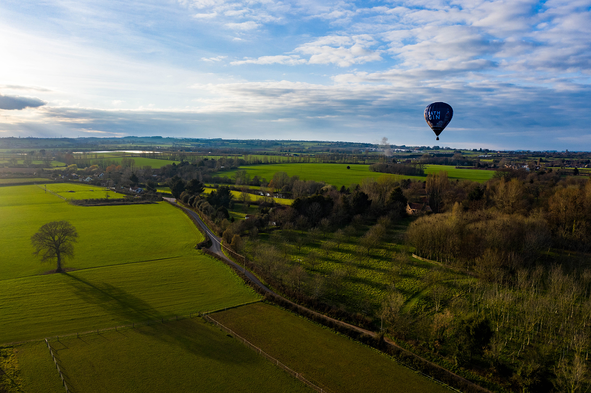 Multi coloured balloon, framed by autumnal trees against a blue sky