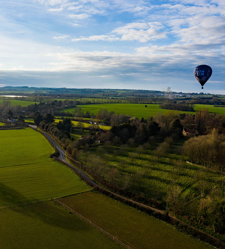 Multi coloured balloon, framed by autumnal trees against a blue sky Multi coloured balloon, framed by autumnal trees against a blue sky
