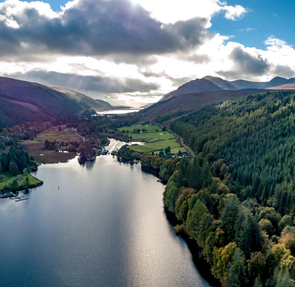 Aerial view of Laggan with swing bridge in the Great Glen above Loch Oich in the scottish highlands - United Kingdom Aerial view of Laggan with swing bridge in the Great Glen above Loch Oich in the scottish highlands - United Kingdom