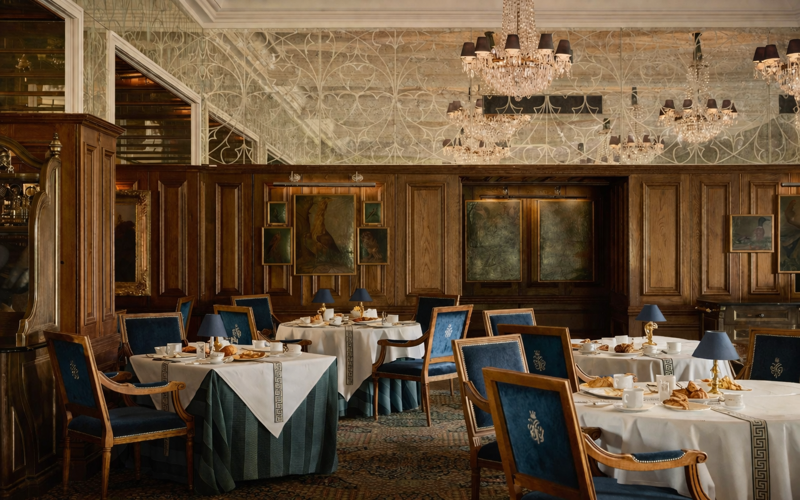 George V restaurant at Ashford castle set for breakfast with fresh pastries and linen table cloths.