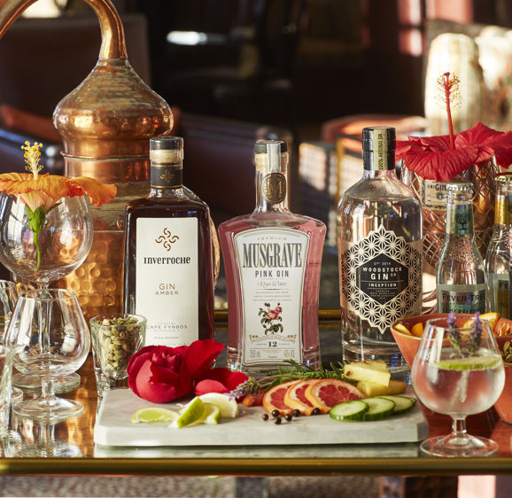 Selection of gins and garnishes  Selection of gins and garnishes