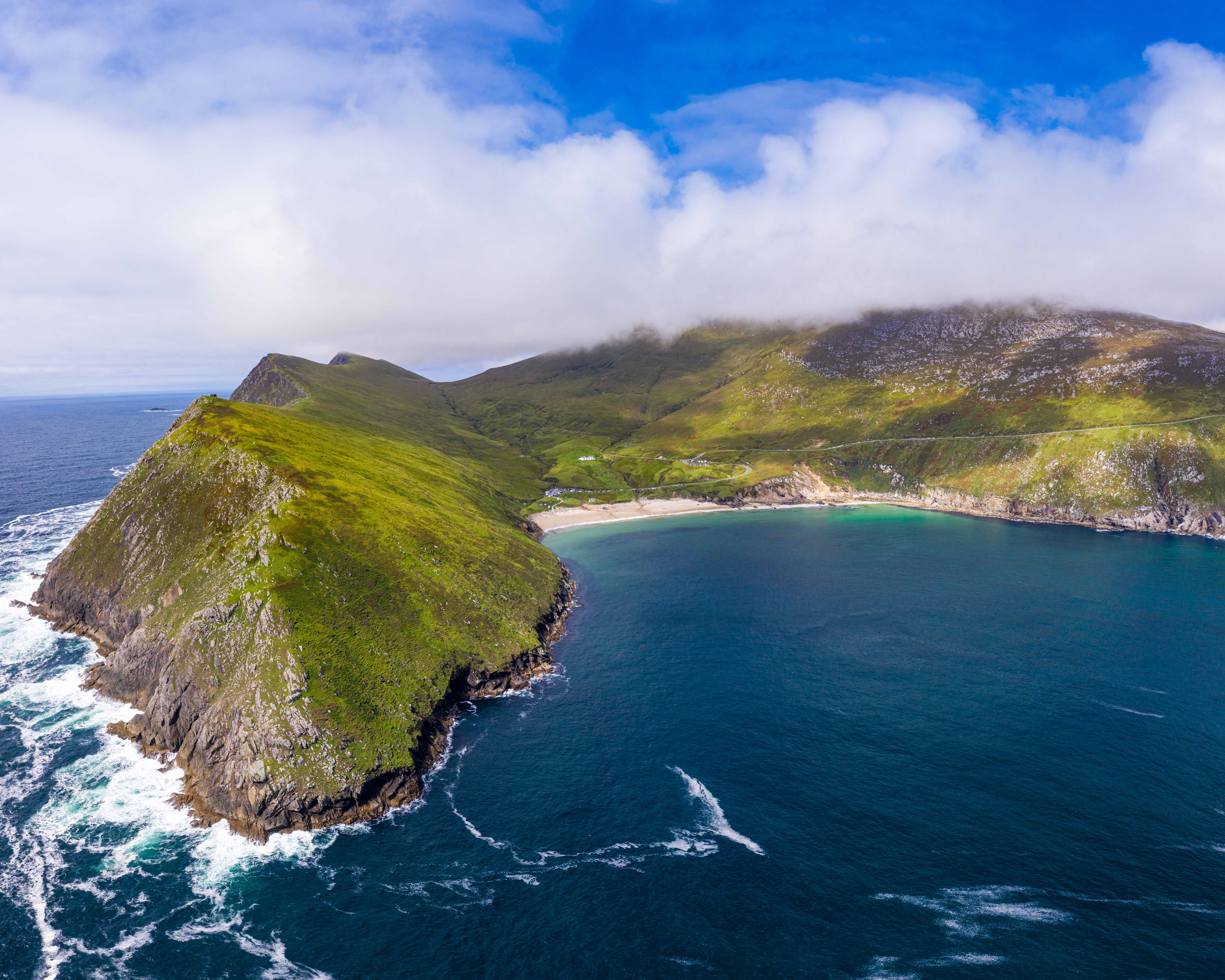 Aerial view of Keem Bay, located on Achill Island. Keem Bay, Keel West, Keem, Co. Mayo, Ireland