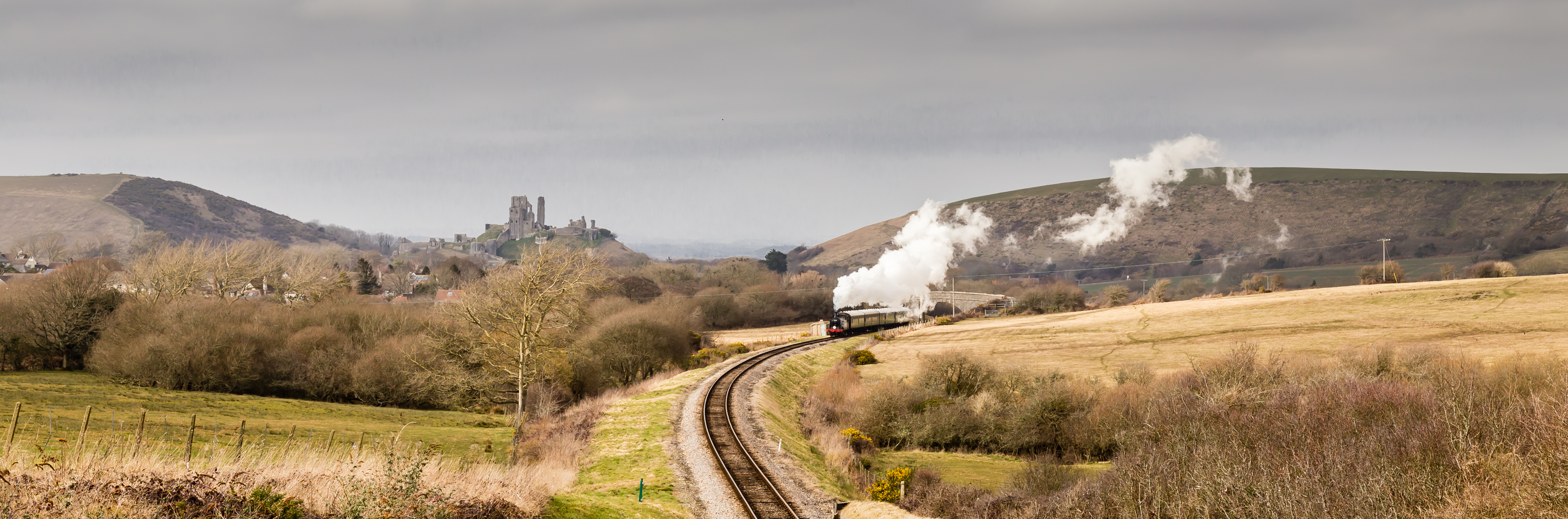 Steam train on the Swanage Railway with Corfe Castle and hills in background