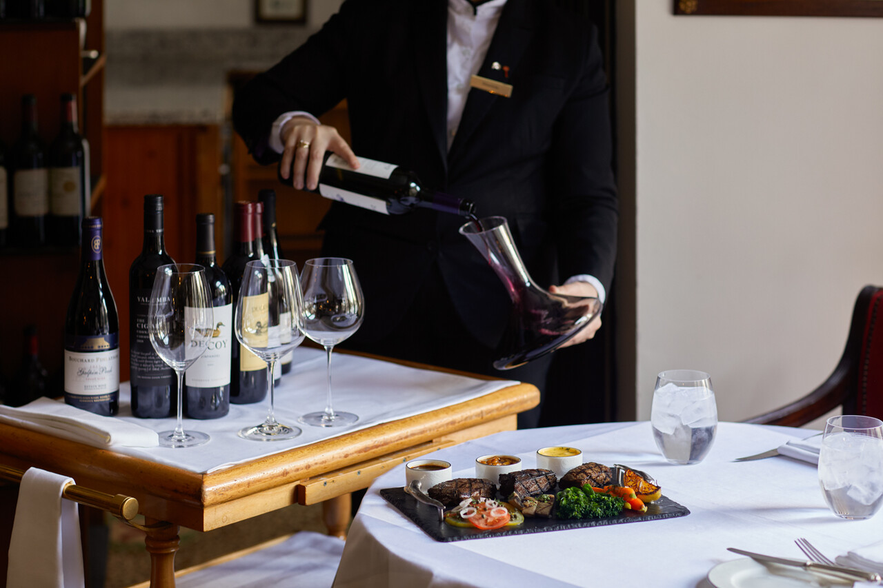 Steak dinner and wine at the Chesterfield Mayfair Hotel 