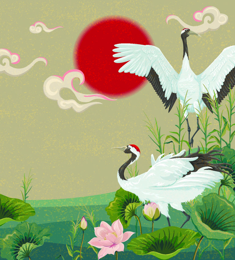 background with japanese cranes at sunset background with japanese cranes at sunset