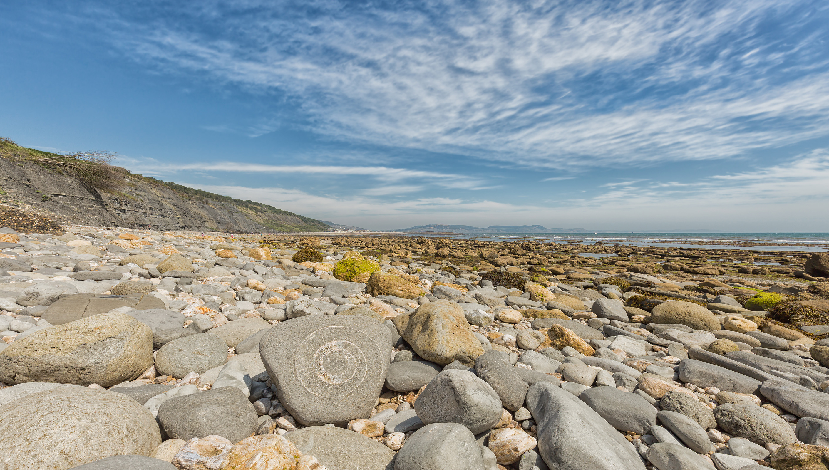 An ammonite fossil on the beach close to Lyme Regis on Dorset's Jurassic Coast